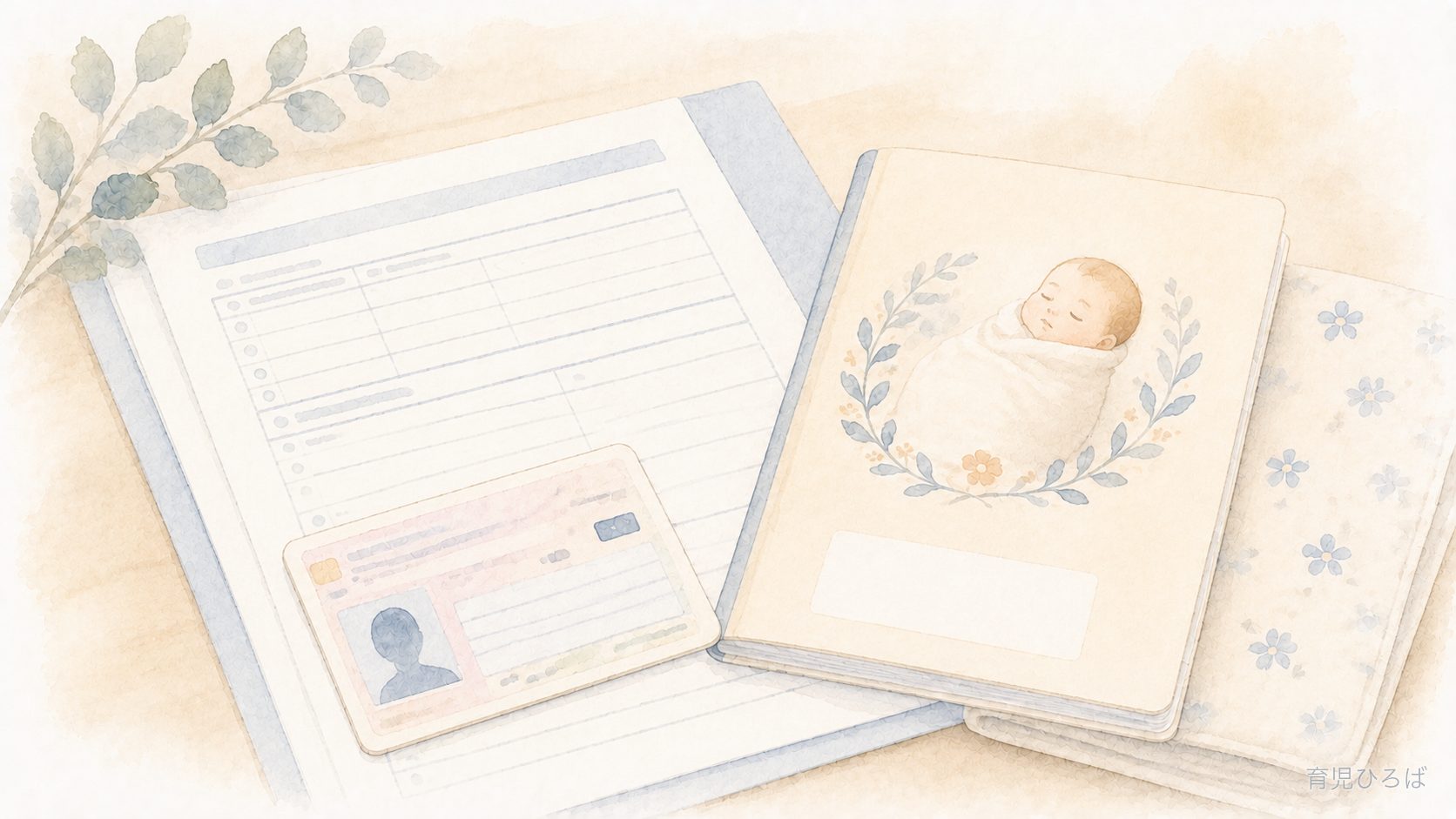 母子健康手帳と、健康保険の書類の上に置かれたカード