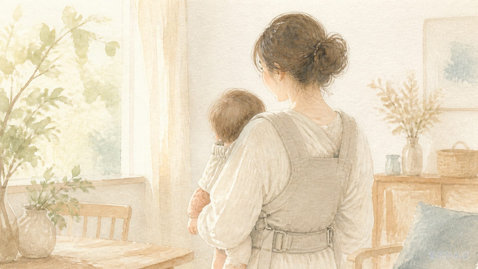 抱っこ紐で赤ちゃんを抱っこしている親の後ろ姿のイラスト