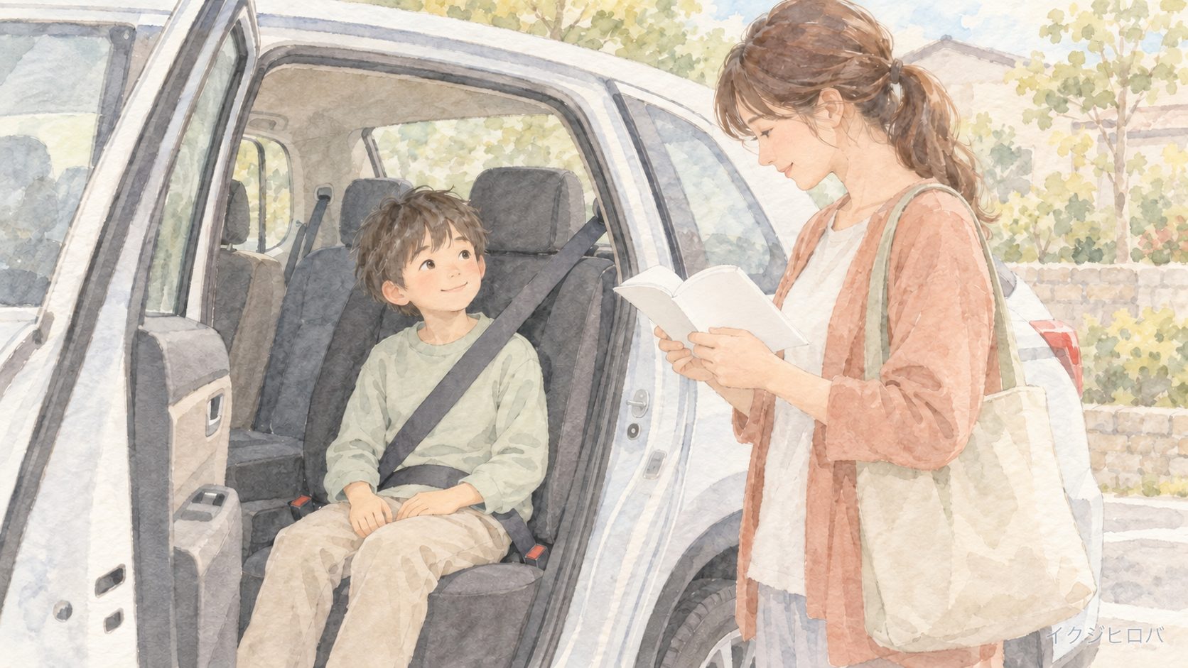 止めた車の後部座席で、肩と腰に正しくシートベルトを締めた小学生と、そばで取扱説明書を読む親