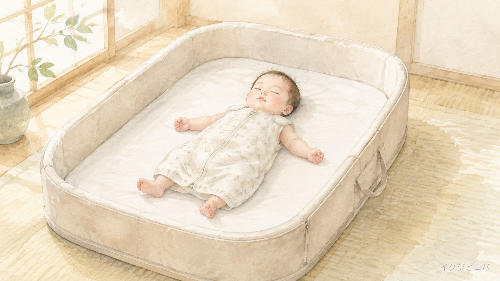 ベッドインベッドの平らな寝床であおむけに眠る赤ちゃん。周りには何も置かれていない