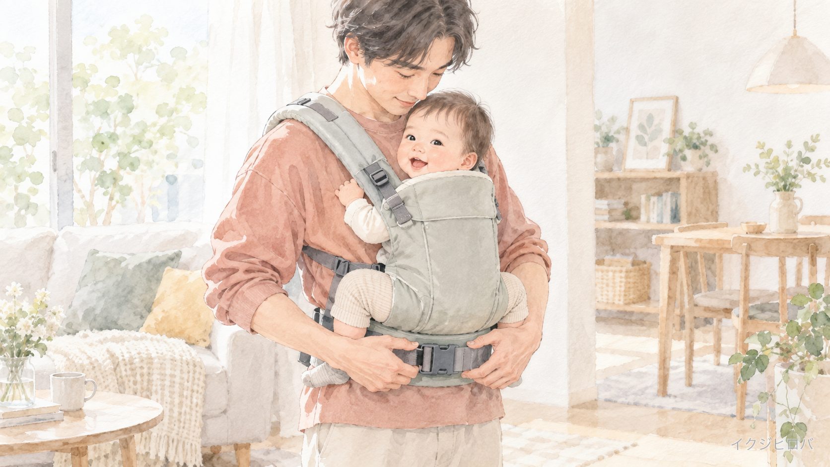 明るいリビングで、対面抱きの抱っこ紐の腰ベルトを締め、赤ちゃんの顔が見えるか確かめる父親