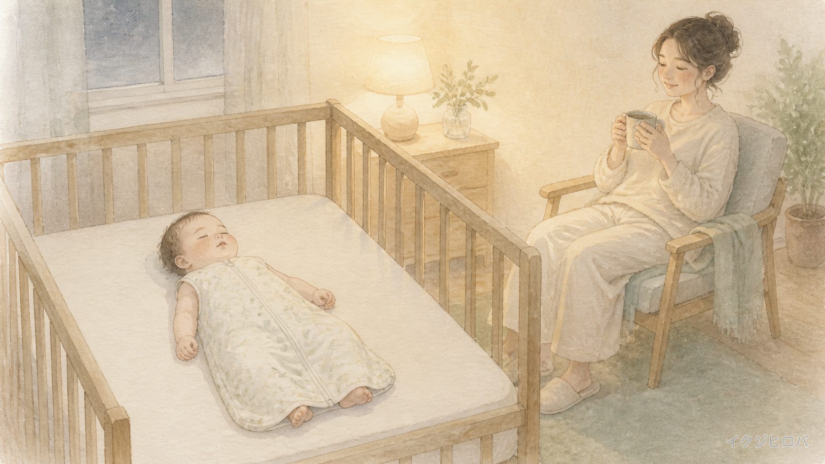 夜の寝室で、スリーパーを着てあおむけに眠る赤ちゃんと、少し離れた椅子で一息ついている親のイラスト
