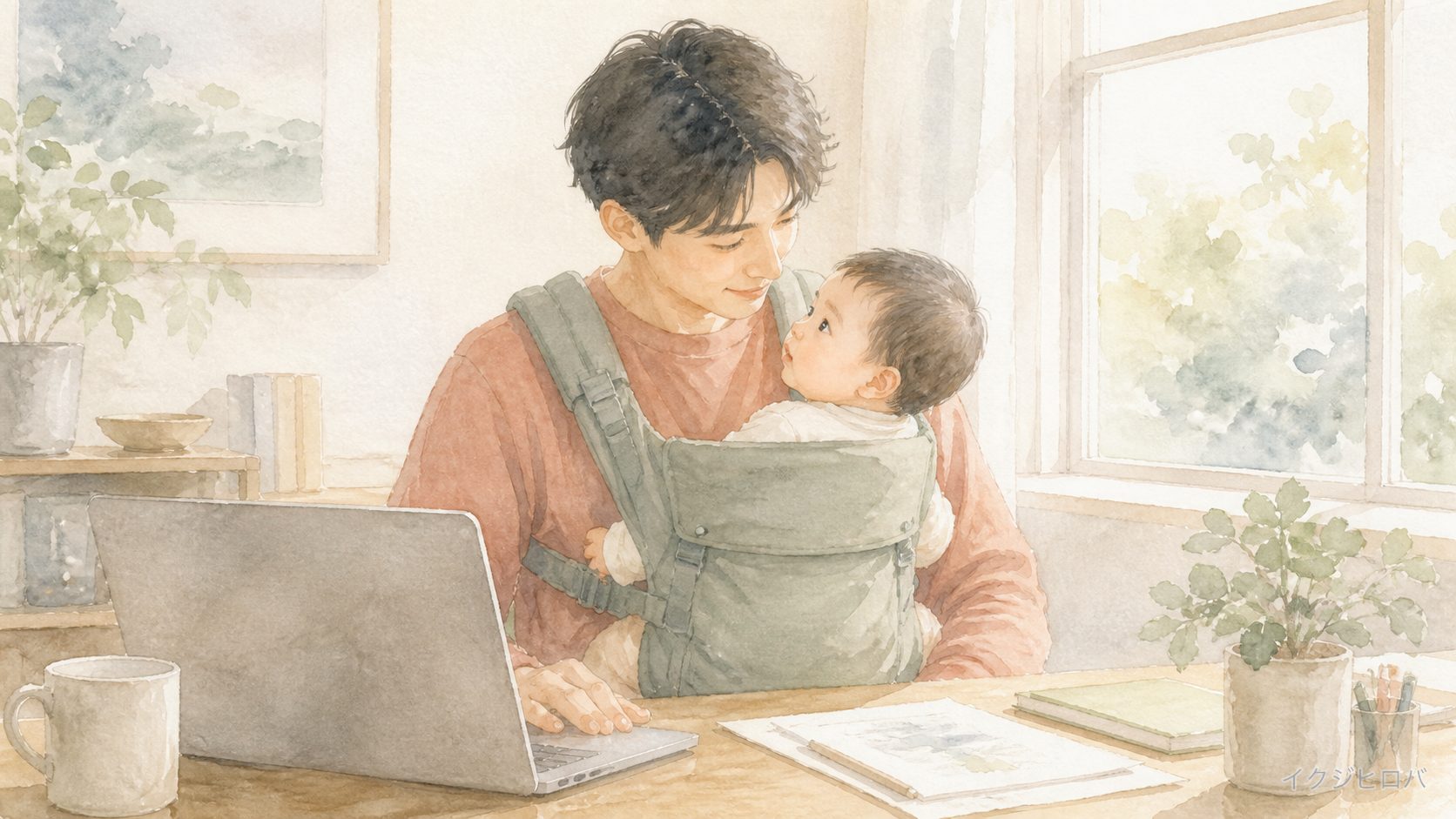 自宅の仕事机で、抱っこひもで赤ちゃんを抱えたままパソコンに向かう父親のイラスト