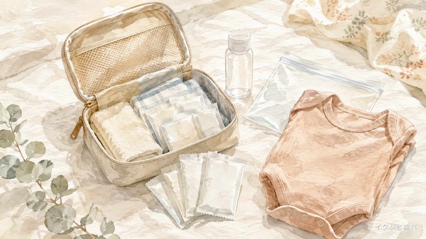 1回分ずつ包装された洗剤シートと小さな詰め替えボトル、透明な袋を旅行ポーチに詰めているところ