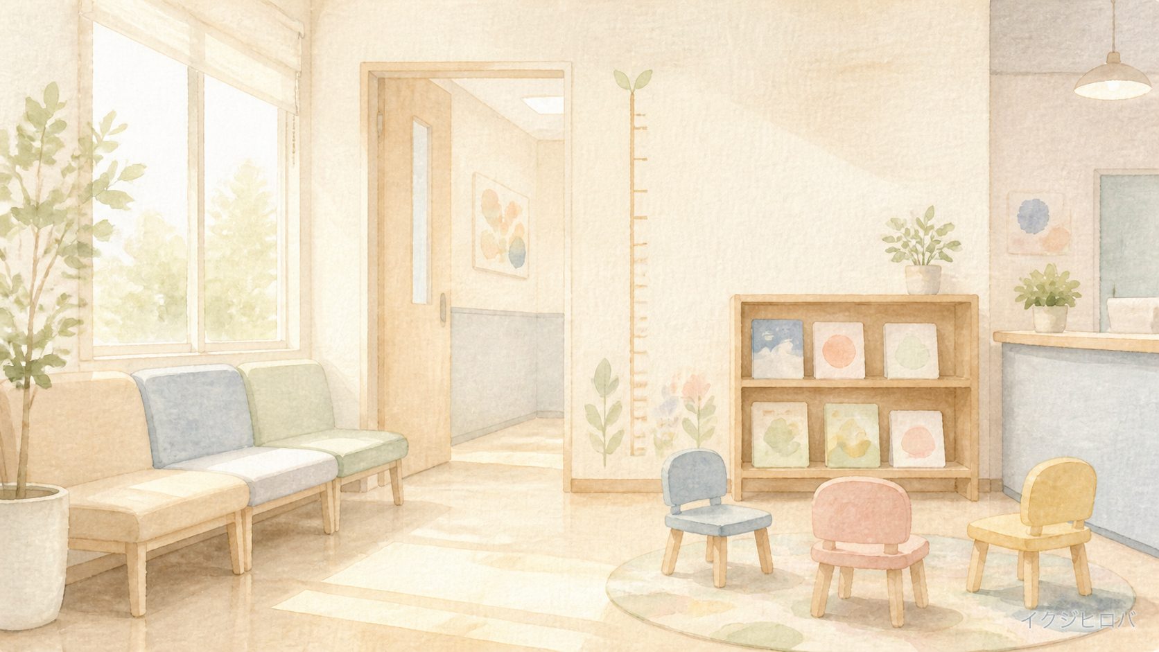 小さな椅子と身長計、絵本の棚がある保健センターの待合（5歳児健診のイメージ）