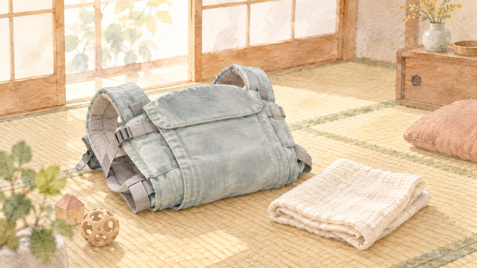 畳の上にたたんで置かれたおんぶ用の抱っこひも