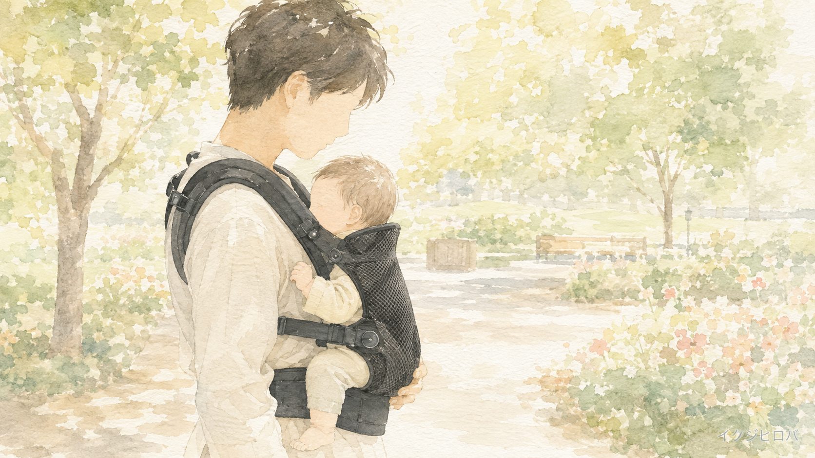 父親が黒いメッシュの抱っこ紐で赤ちゃんを対面抱きしている様子。肩ベルトと腰ベルトが見える角度