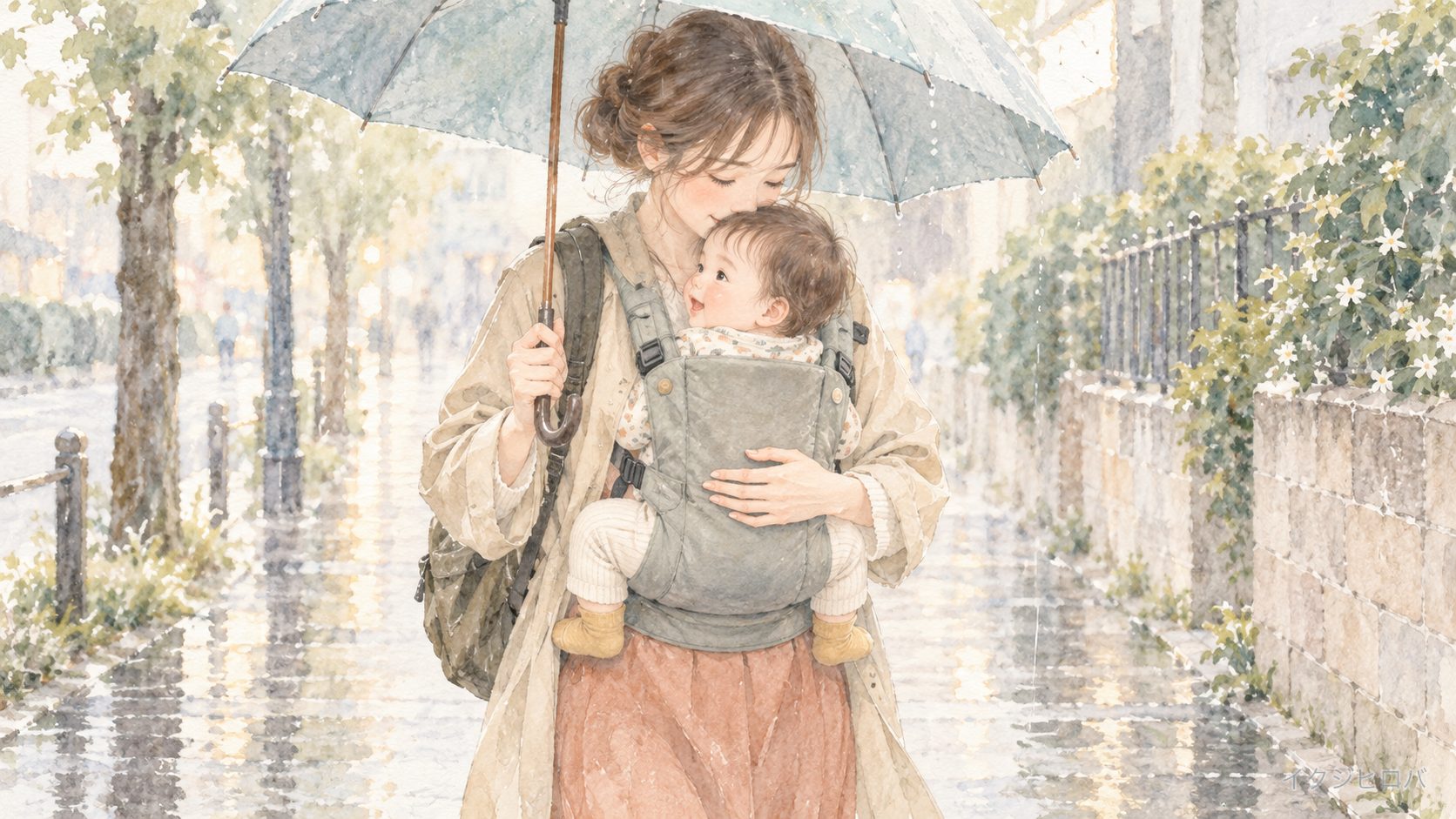 雨の日、大きな傘をさして抱っこ紐で赤ちゃんを抱いて歩く親。赤ちゃんの顔は覆わず、荷物はリュックにして片手をあけている