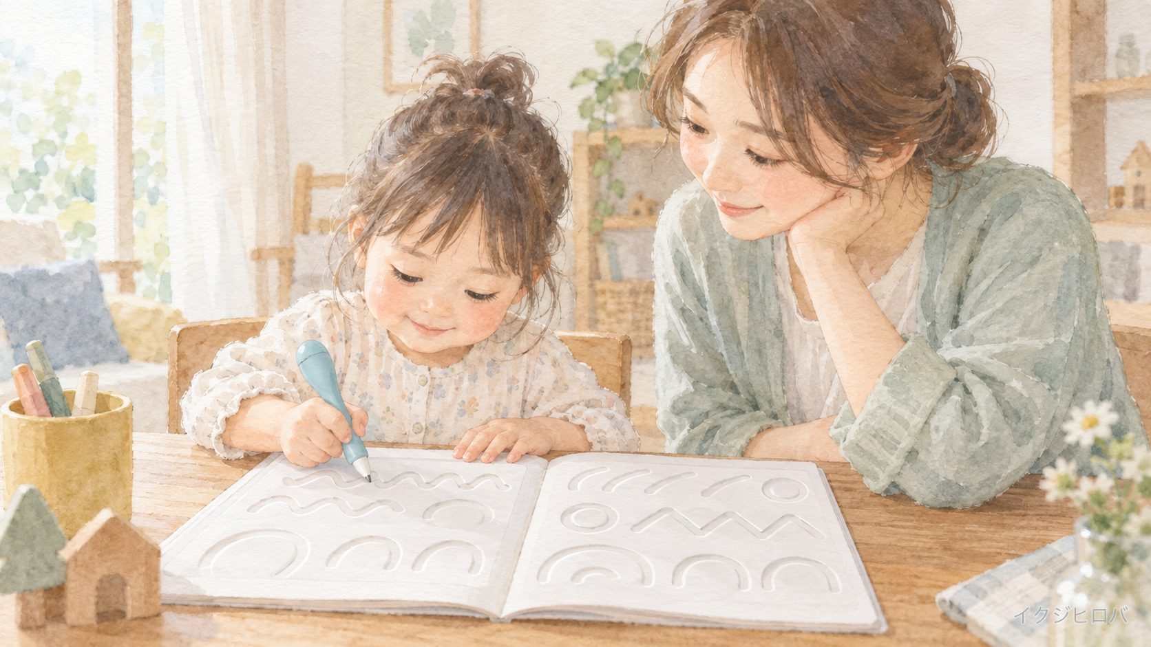 低い木のテーブルで、溝のある練習帳に専用ペンで字を書く練習をする子どもと、隣で見守る親