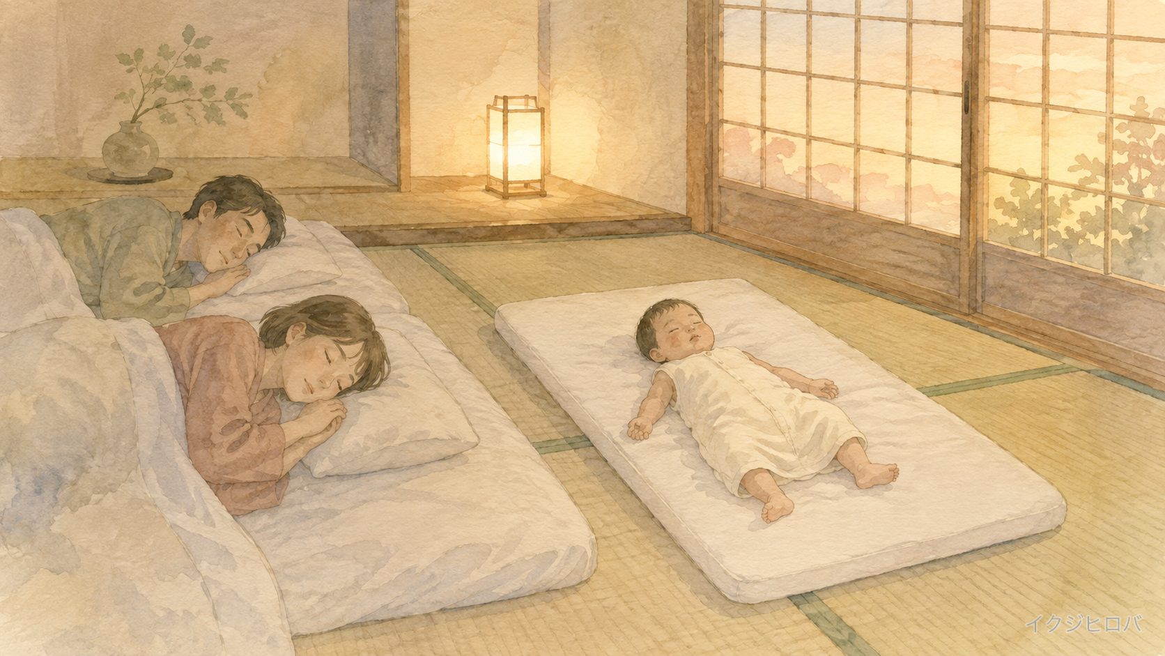 旅先の和室。畳の上に赤ちゃん用の布団を平らに敷いた様子