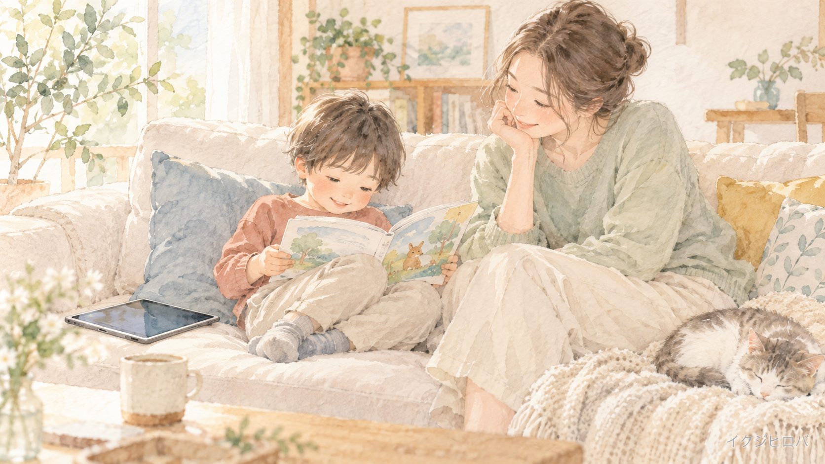 ソファで絵本を読む子どもと、そばに置いたタブレット、隣でほほえむ親