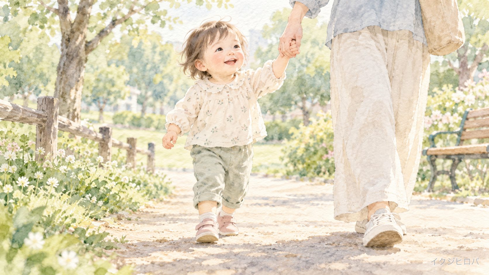 公園の道で、柔らかいファーストシューズを履き、親と手をつないで歩く幼児