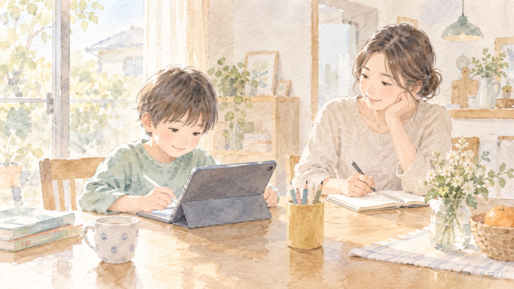 放課後のダイニングテーブルでタブレット学習をする小学生と、そばでメモを取る親