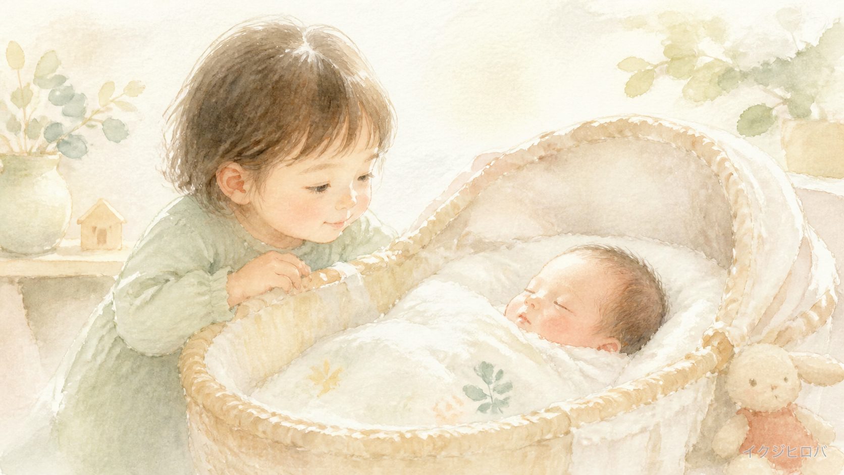 上の子が生まれたばかりの赤ちゃんをそっとのぞきこんでいるイラスト