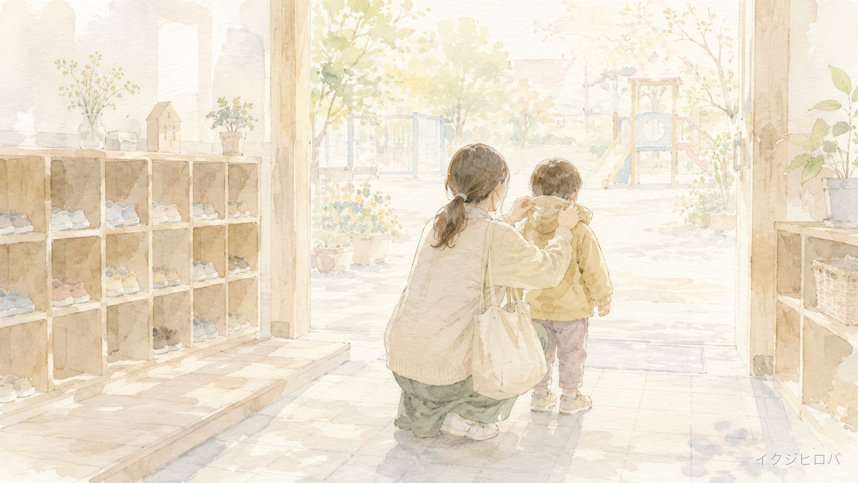 保育園の玄関で、しゃがんで子どもの上着を直す母親の後ろ姿。奥に下駄箱と園庭
