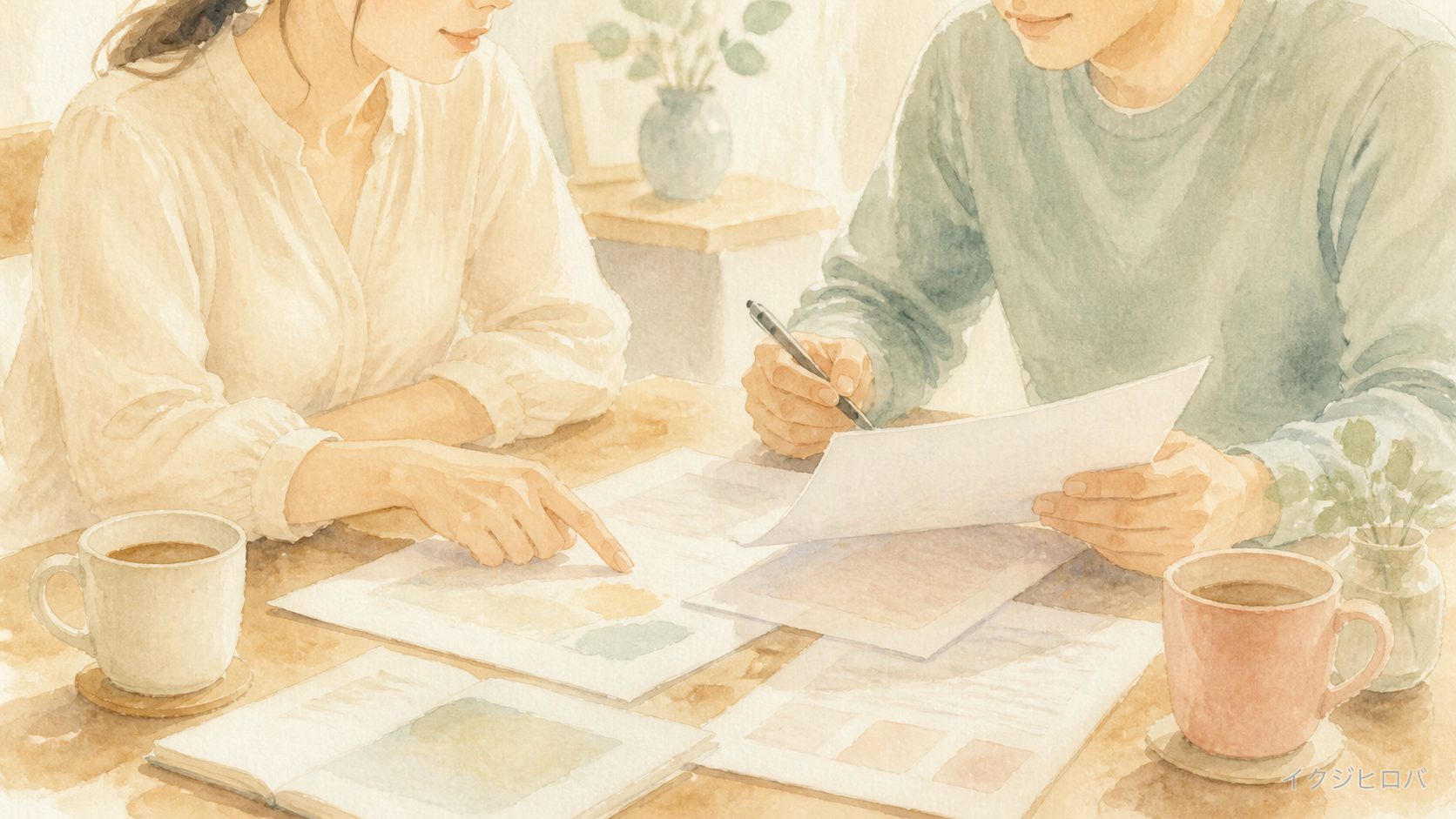 ふたりで書類を見ながら手続きを相談している場面のイラスト