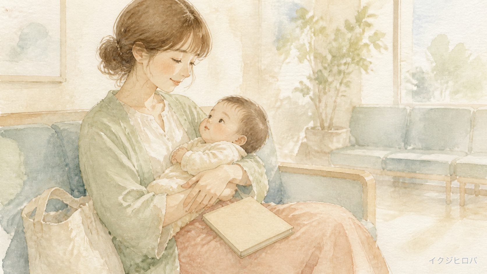 小児科の待合室で母子健康手帳を持ち、赤ちゃんを抱いている親のイラスト
