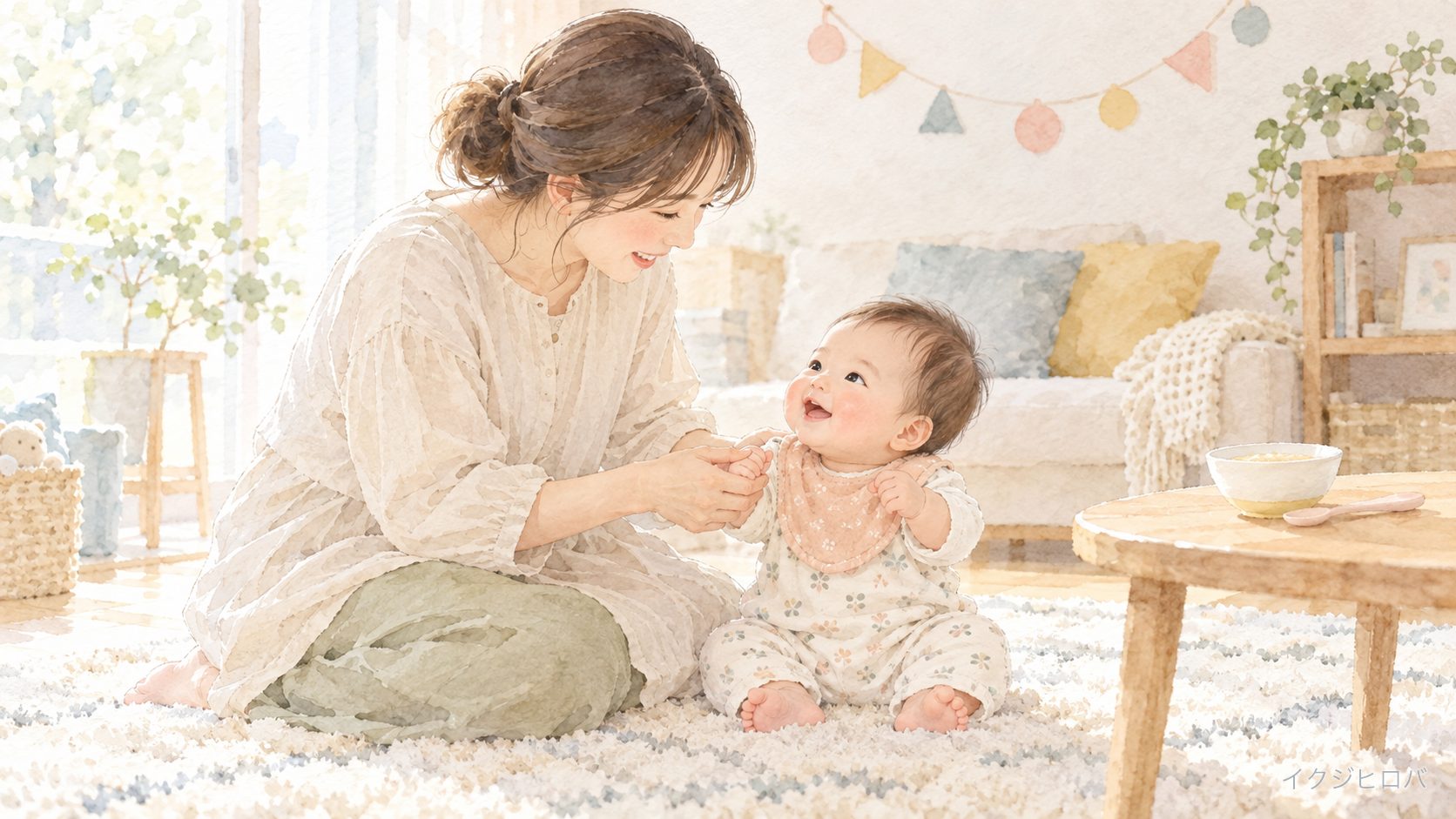 生後6か月の赤ちゃんと母親。うしろに小さな飾り、手前に離乳食の器とスプーン